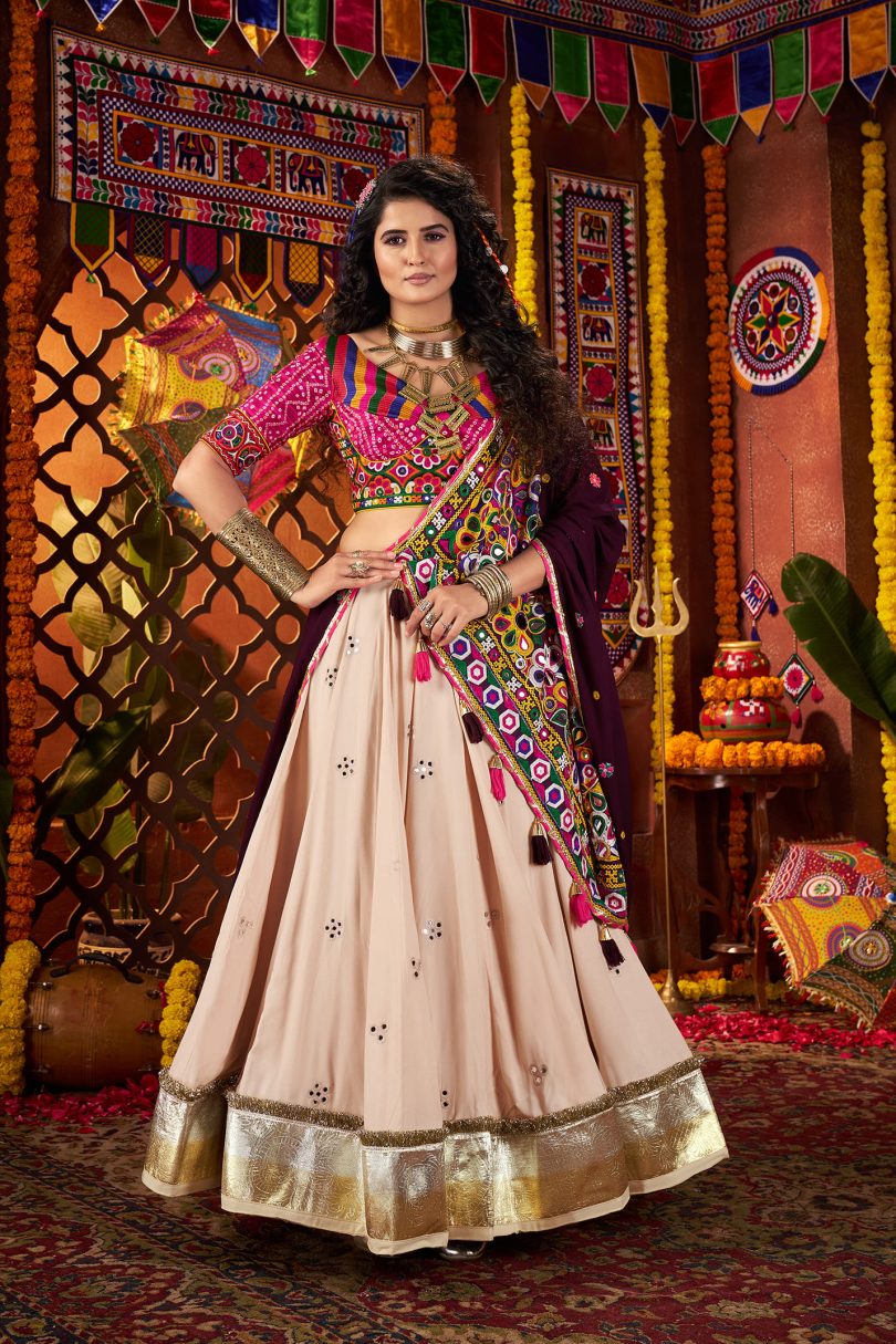 Kutchi Mirror Magic Beige Chaniya Choli Set – Premium Viscose Cotton