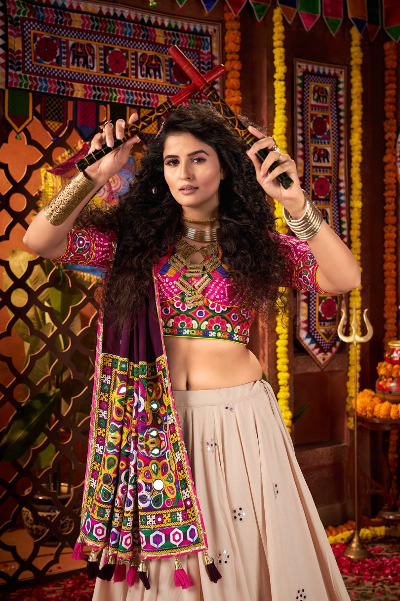 Kutchi Mirror Magic Beige Chaniya Choli Set – Premium Viscose Cotton