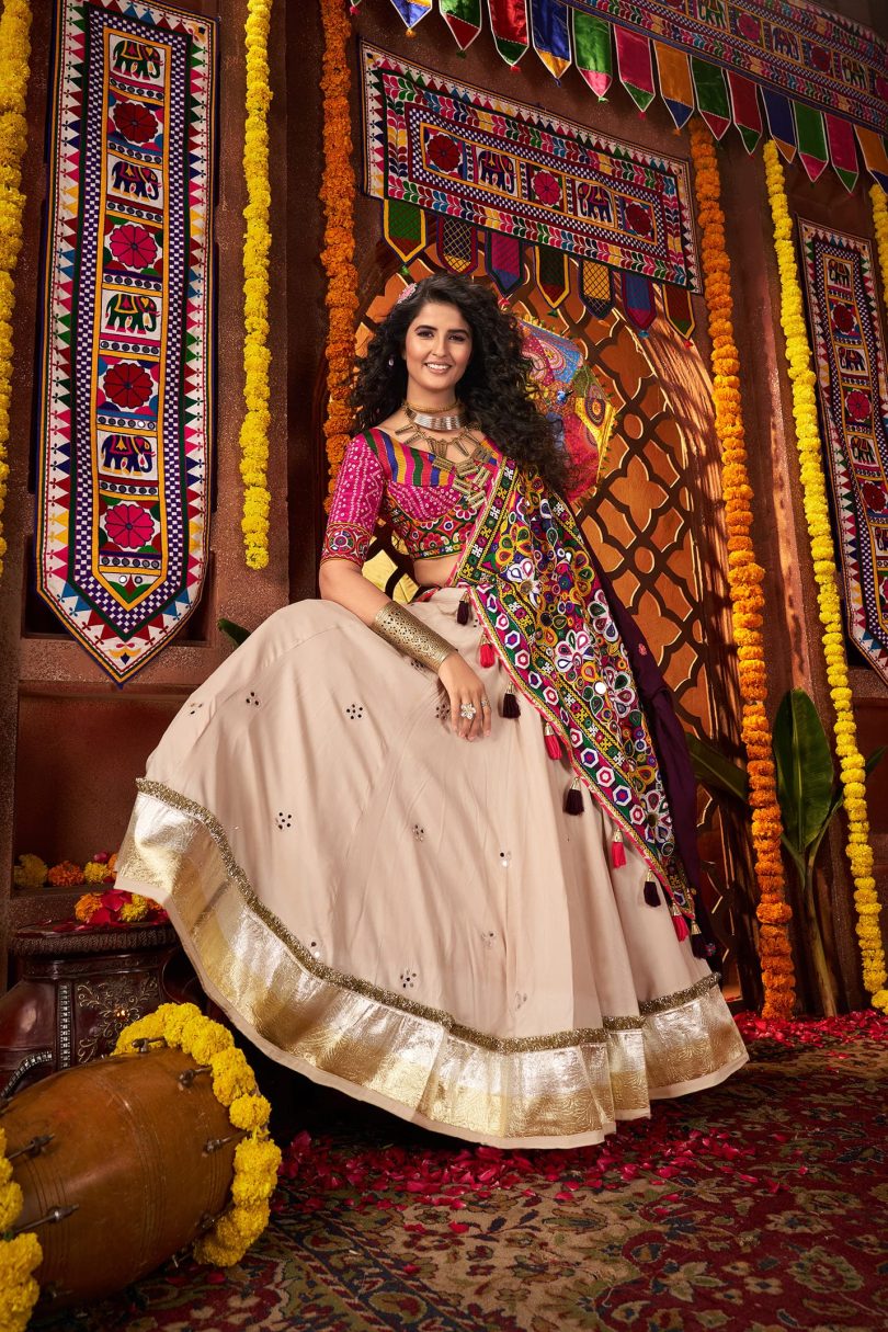 Kutchi Mirror Magic Beige Chaniya Choli Set – Premium Viscose Cotton - Image 4