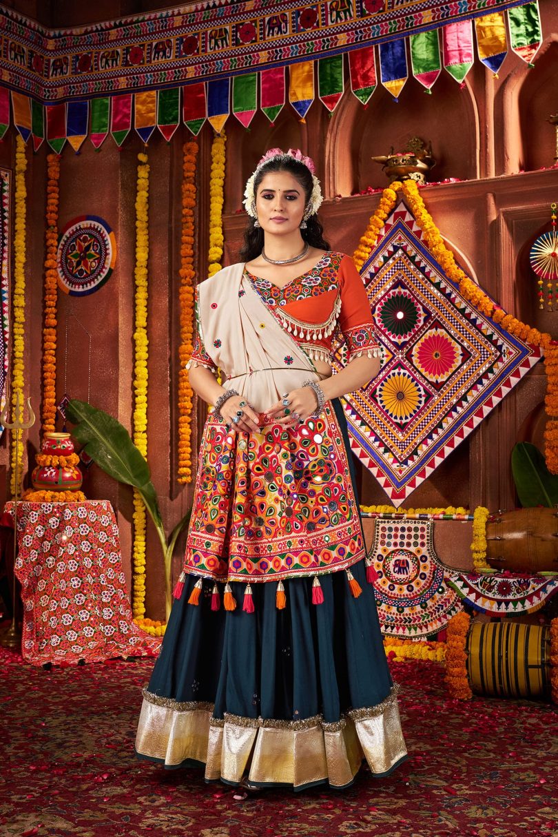 Noorani Chaniya Choli – Teal Blue Kutchi Mirror Work Set - Image 3