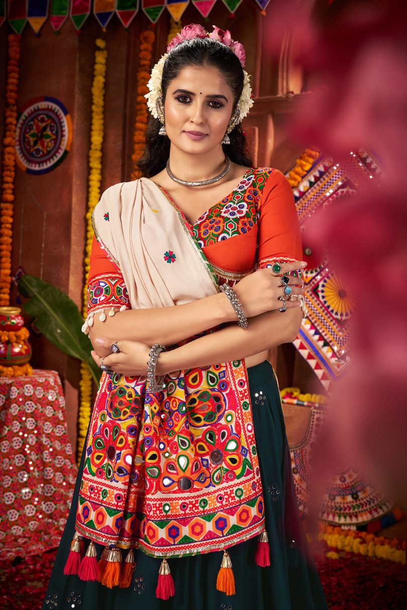 Noorani Chaniya Choli – Teal Blue Kutchi Mirror Work Set - Image 4