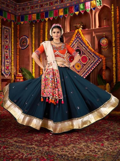 Noorani Chaniya Choli – Teal Blue Kutchi Mirror Work Set