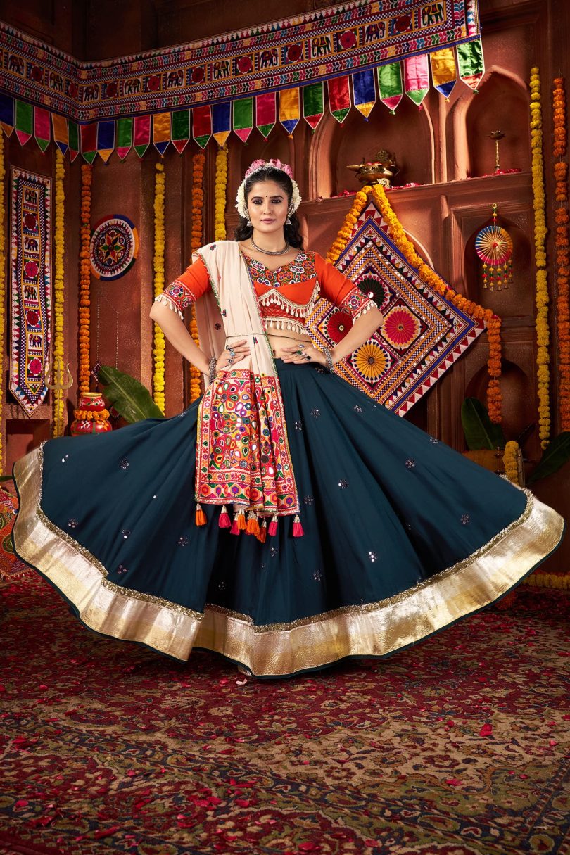 Noorani Chaniya Choli – Teal Blue Kutchi Mirror Work Set