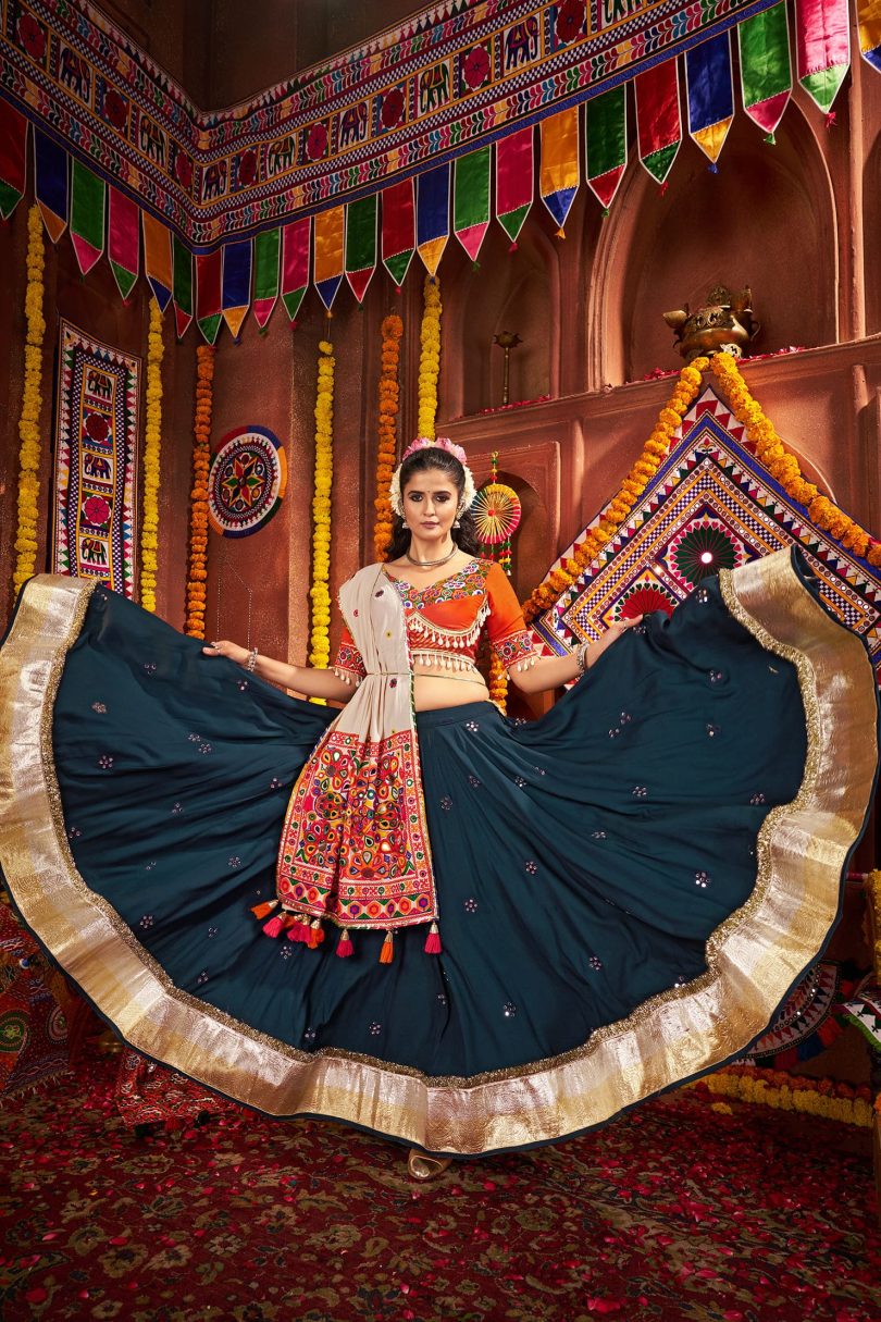 Noorani Chaniya Choli – Teal Blue Kutchi Mirror Work Set - Image 2