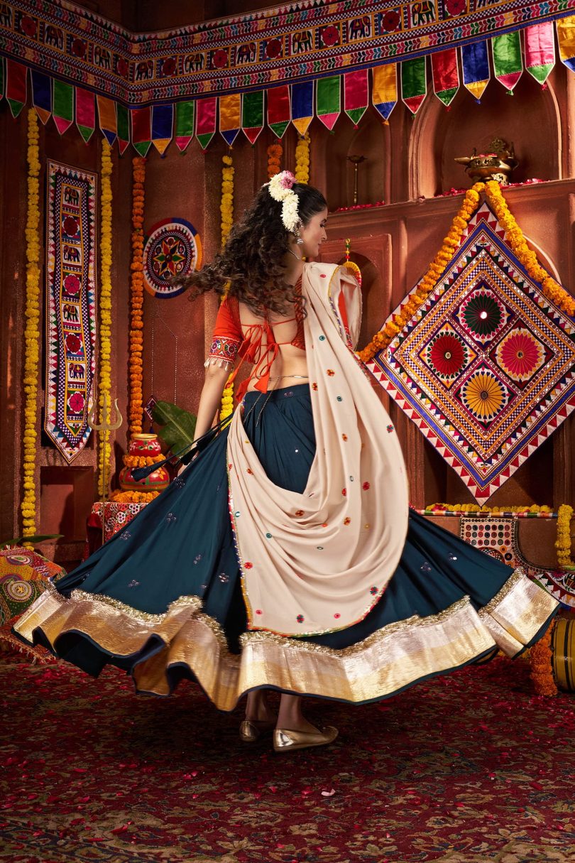 Noorani Chaniya Choli – Teal Blue Kutchi Mirror Work Set - Image 5