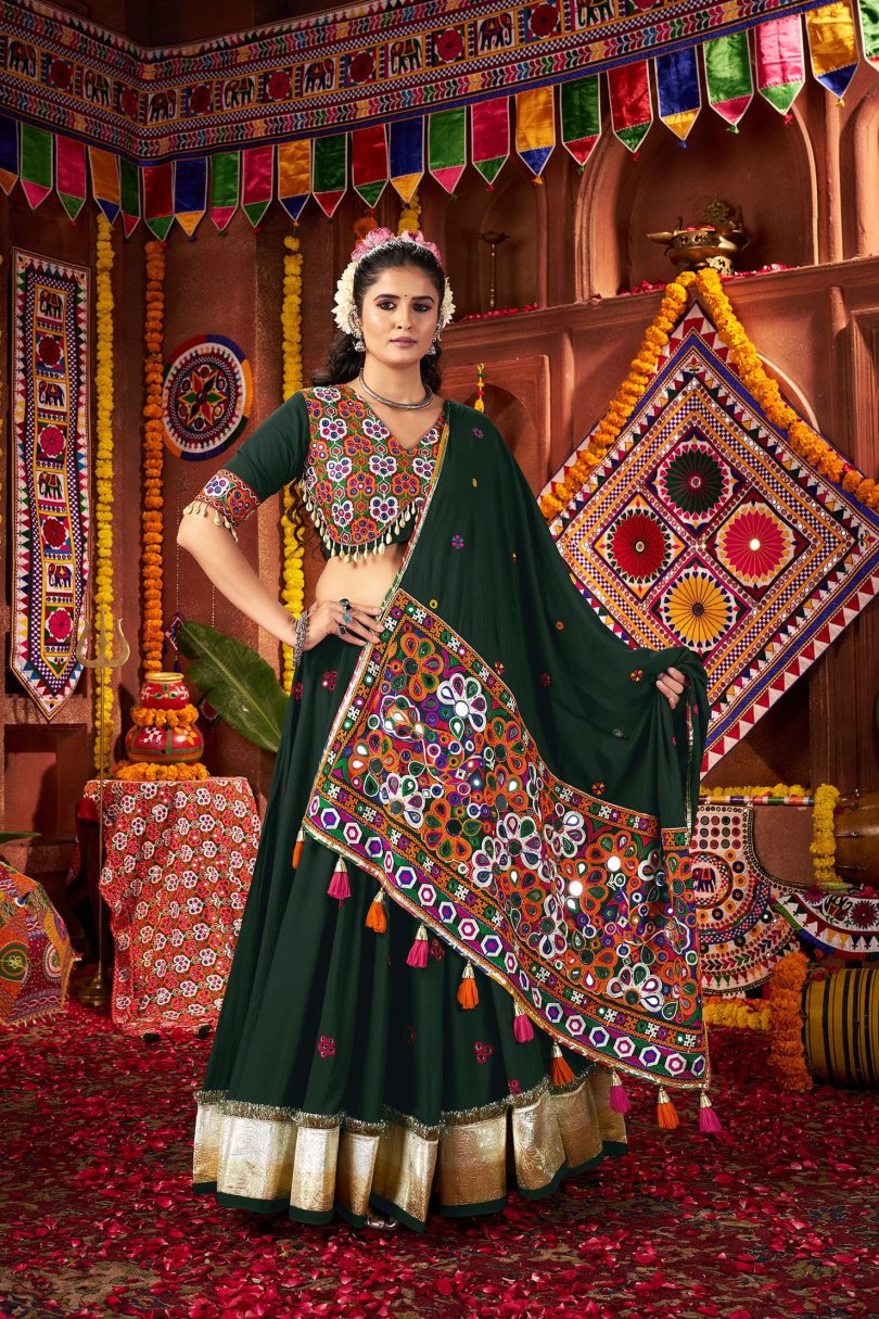 Pachrang Chaniya Choli – Green Kutchi Mirror Work Set