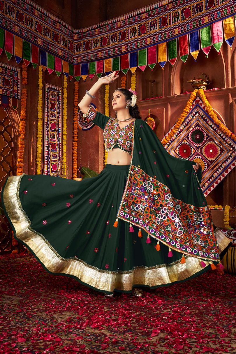Pachrang Chaniya Choli – Green Kutchi Mirror Work Set - Image 3