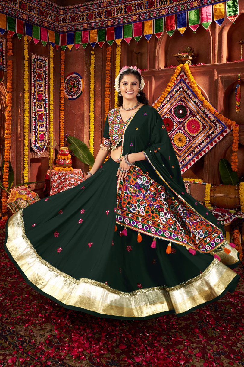 Pachrang Chaniya Choli – Green Kutchi Mirror Work Set
