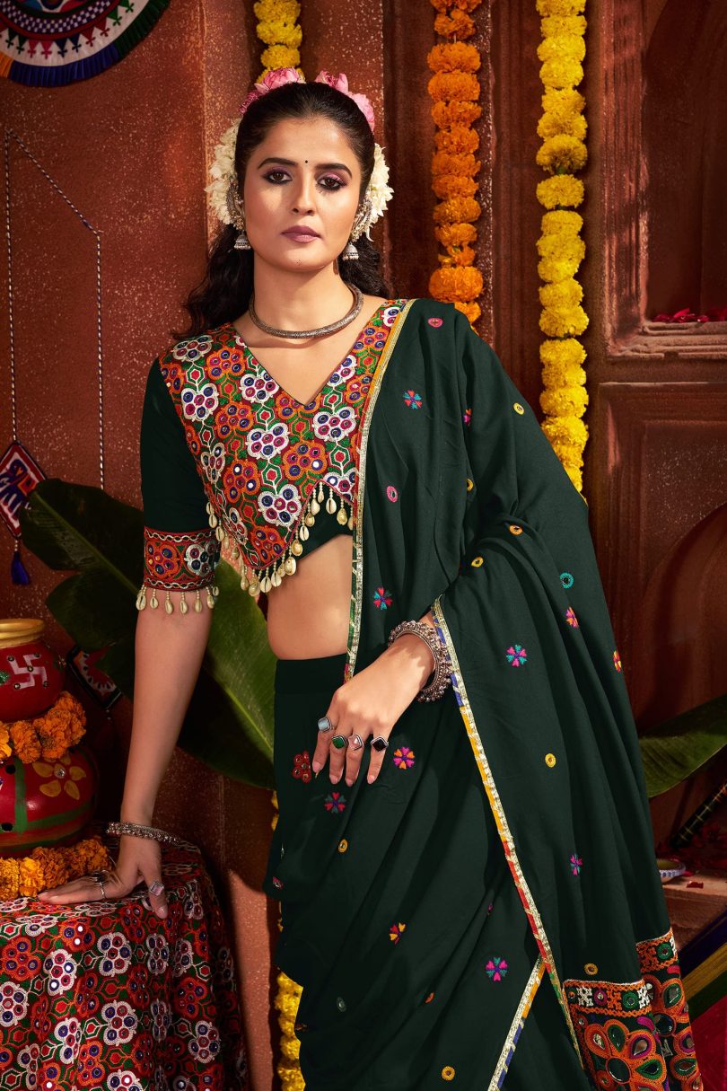 Pachrang Chaniya Choli – Green Kutchi Mirror Work Set - Image 2