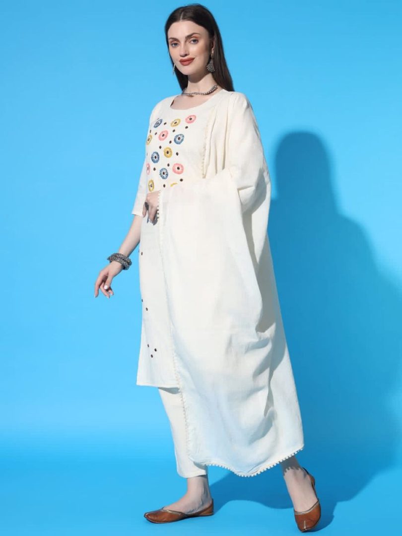 White Bliss Linen Kurti – Multi-Color Circle Embroidery Elegance