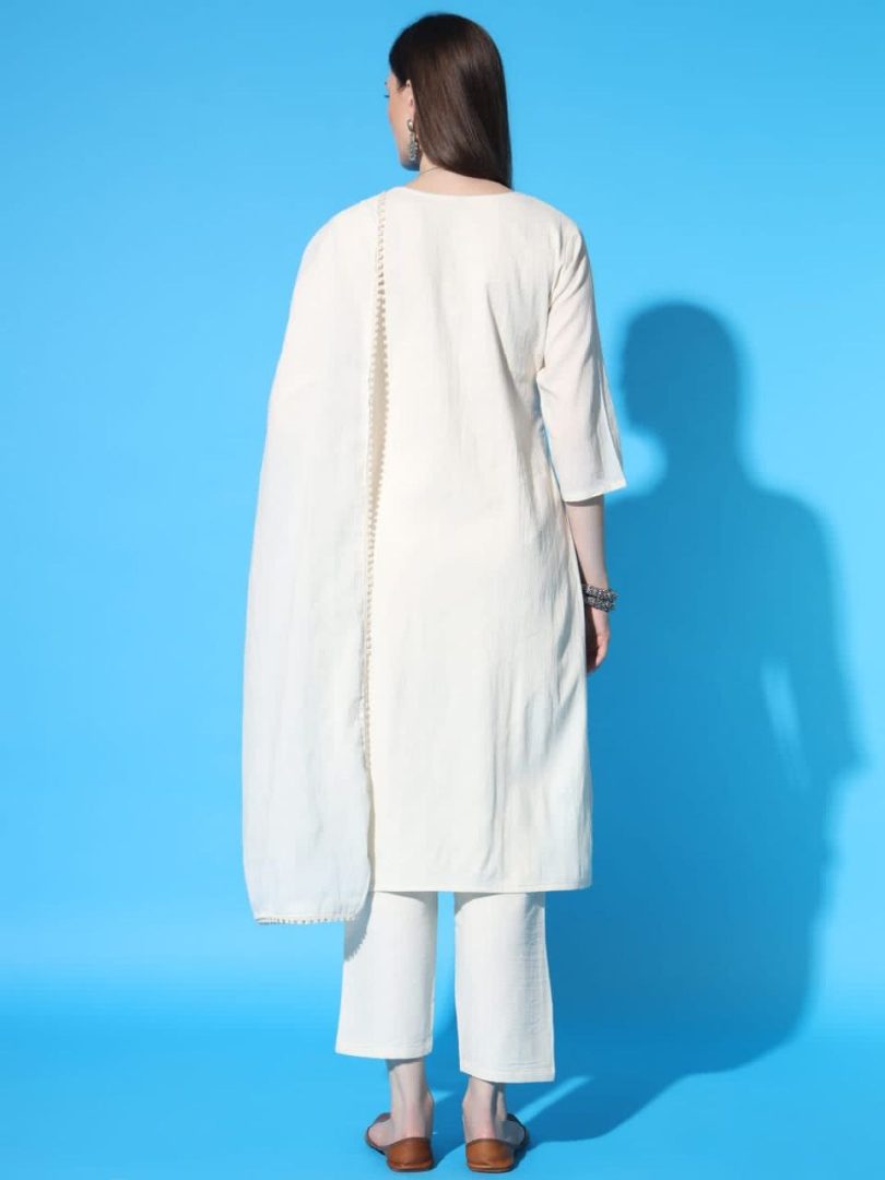 White Bliss Linen Kurti – Multi-Color Circle Embroidery Elegance - Image 4