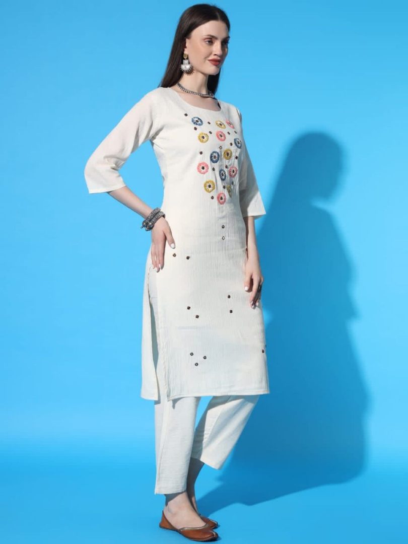 White Bliss Linen Kurti – Multi-Color Circle Embroidery Elegance - Image 5