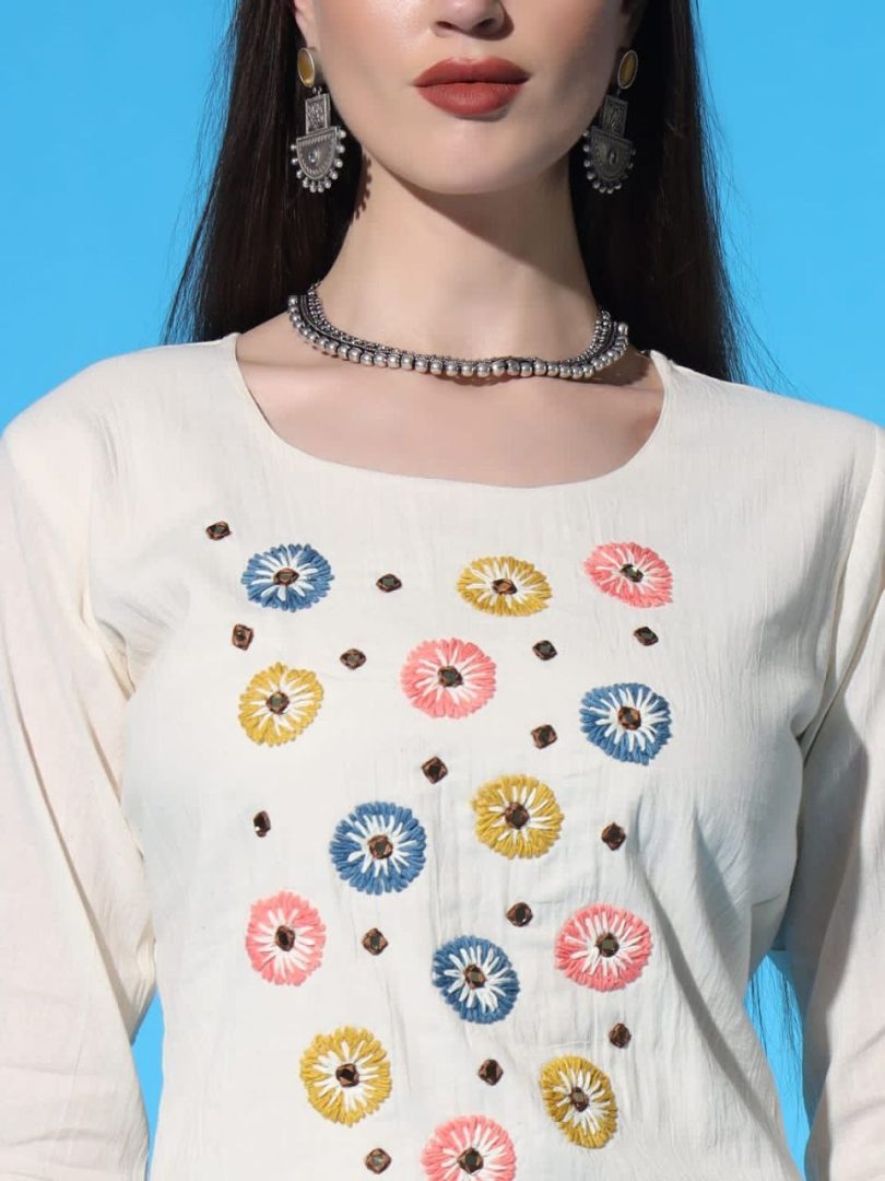 White Bliss Linen Kurti – Multi-Color Circle Embroidery Elegance - Image 6