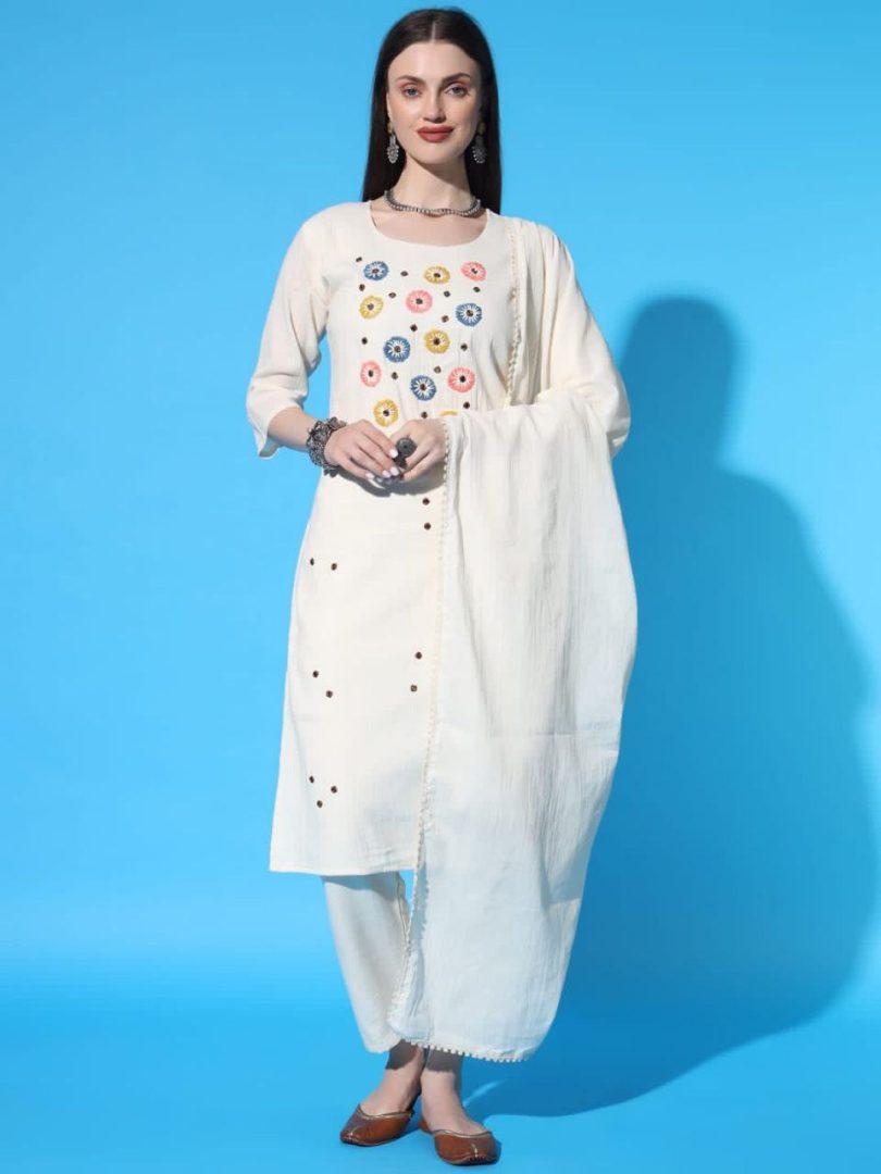 White Bliss Linen Kurti – Multi-Color Circle Embroidery Elegance