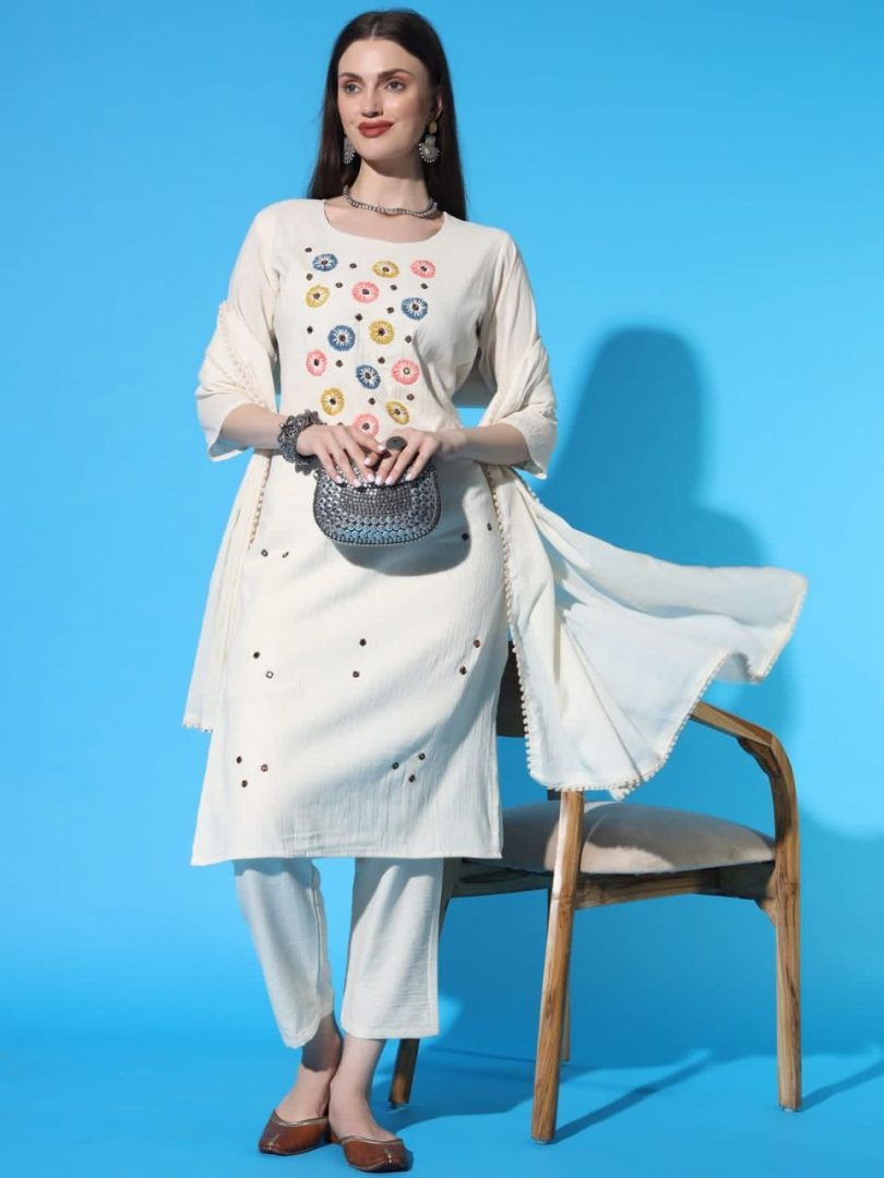 White Bliss Linen Kurti – Multi-Color Circle Embroidery Elegance - Image 2