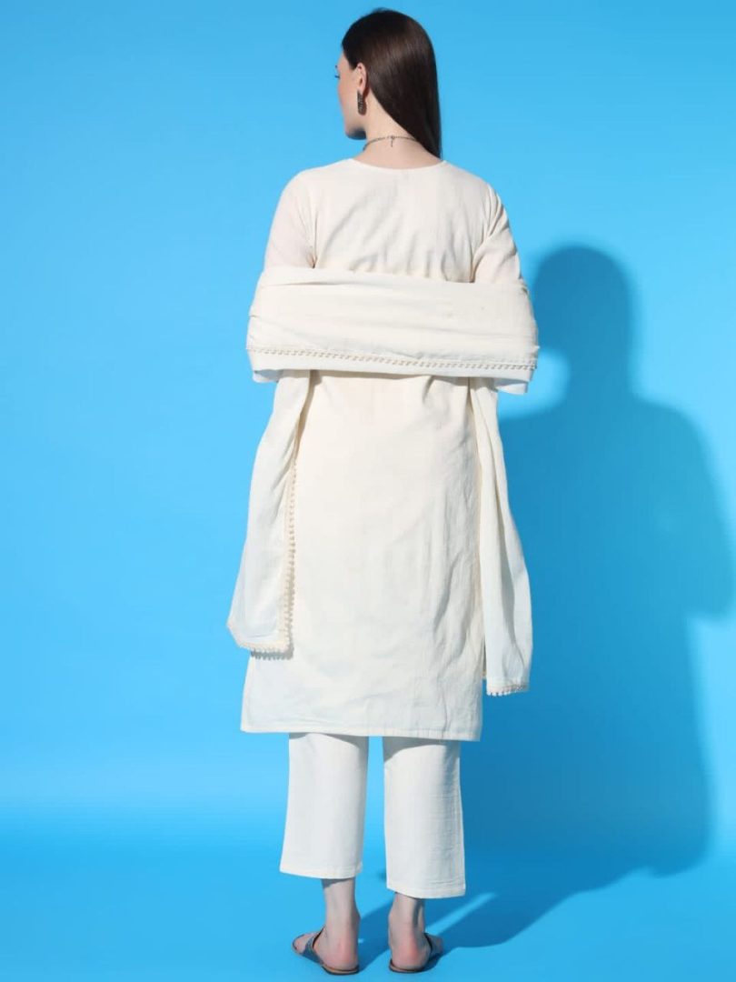 White Charm Linen Kurti – Multi-Color Zigzag Embroidery Style - Image 7