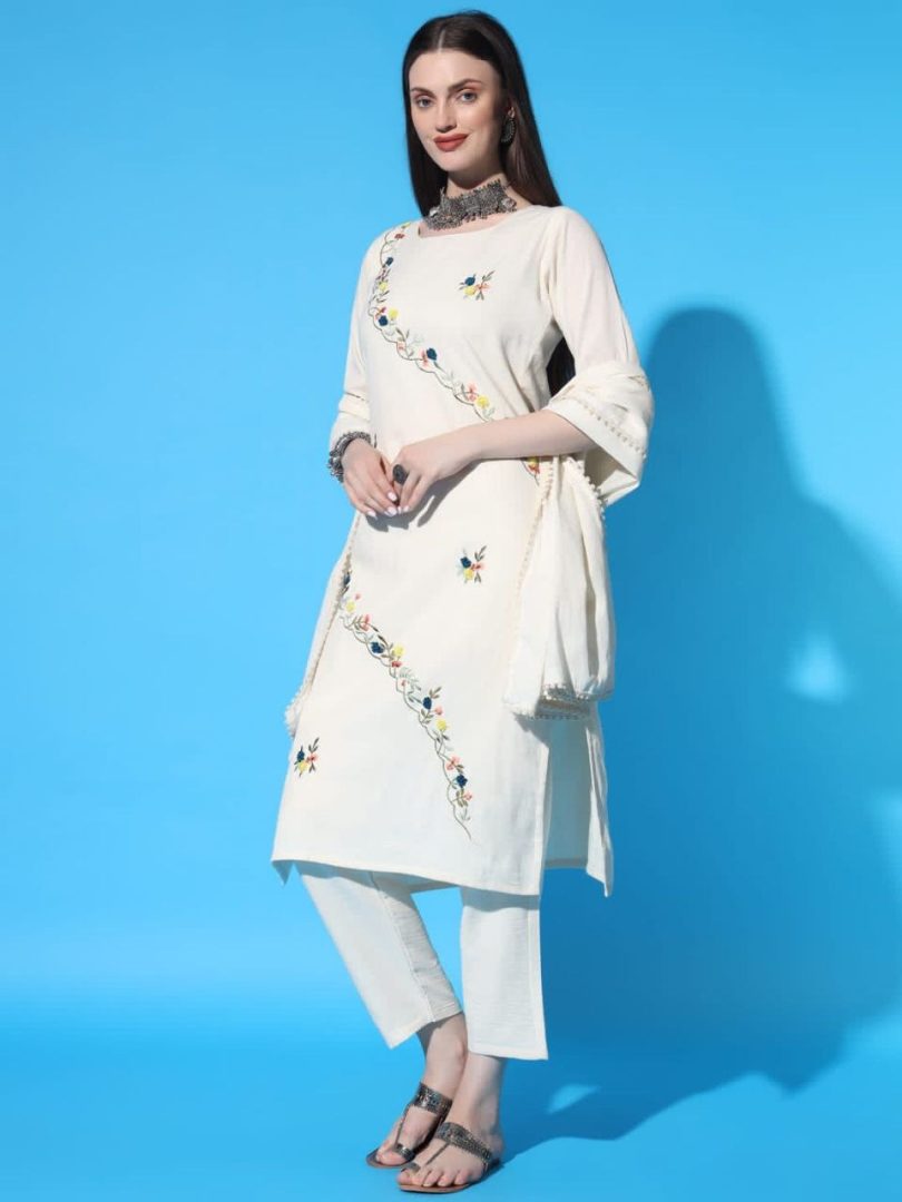 White Charm Linen Kurti – Multi-Color Zigzag Embroidery Style - Image 6