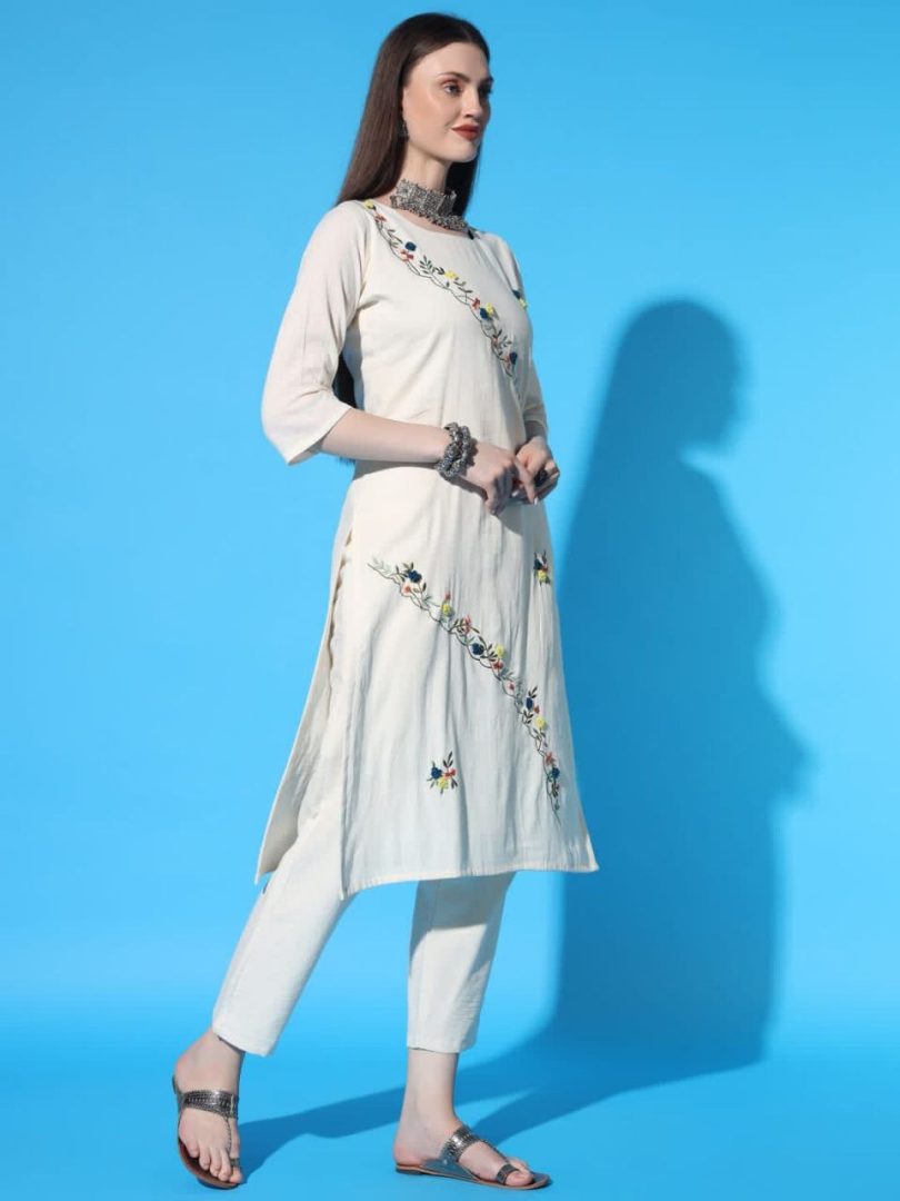 White Charm Linen Kurti – Multi-Color Zigzag Embroidery Style - Image 3