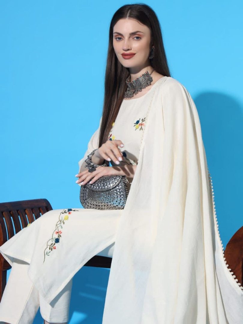 White Charm Linen Kurti – Multi-Color Zigzag Embroidery Style - Image 4