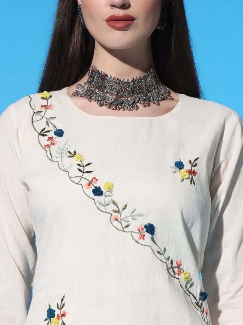 White Charm Linen Kurti – Multi-Color Zigzag Embroidery Style - Image 5