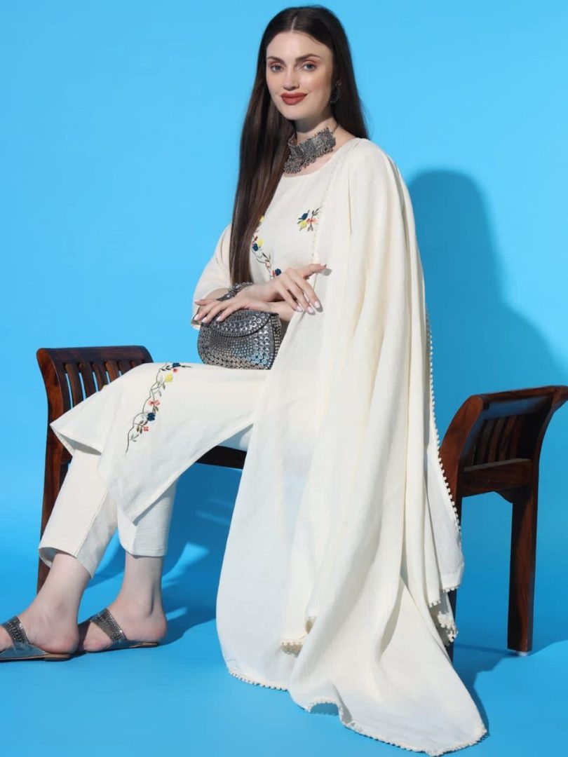 White Charm Linen Kurti – Multi-Color Zigzag Embroidery Style - Image 2