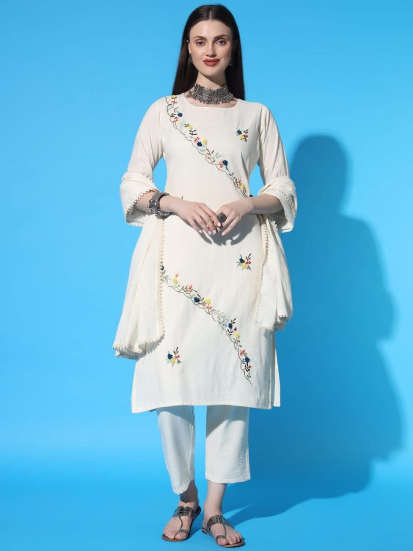 White Charm Linen Kurti – Multi-Color Zigzag Embroidery Style