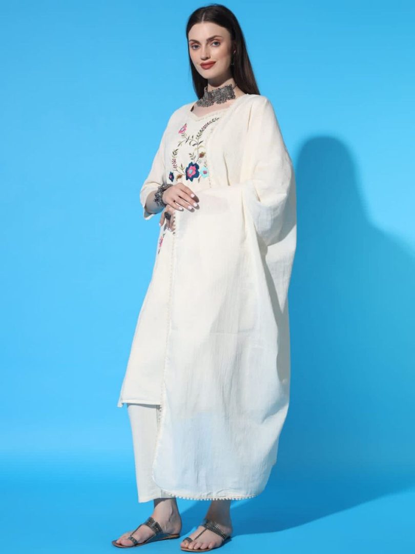White Bloom Linen Kurti – Multi-Color Flower Embroidery - Image 4