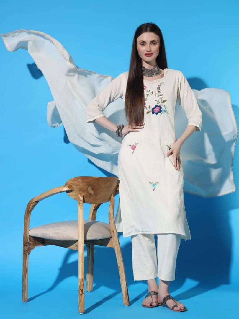 White Bloom Linen Kurti – Multi-Color Flower Embroidery