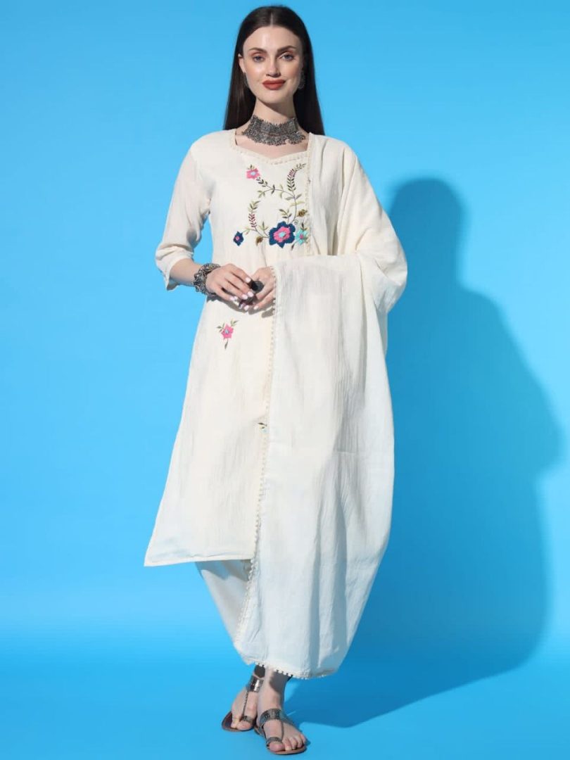 White Bloom Linen Kurti – Multi-Color Flower Embroidery