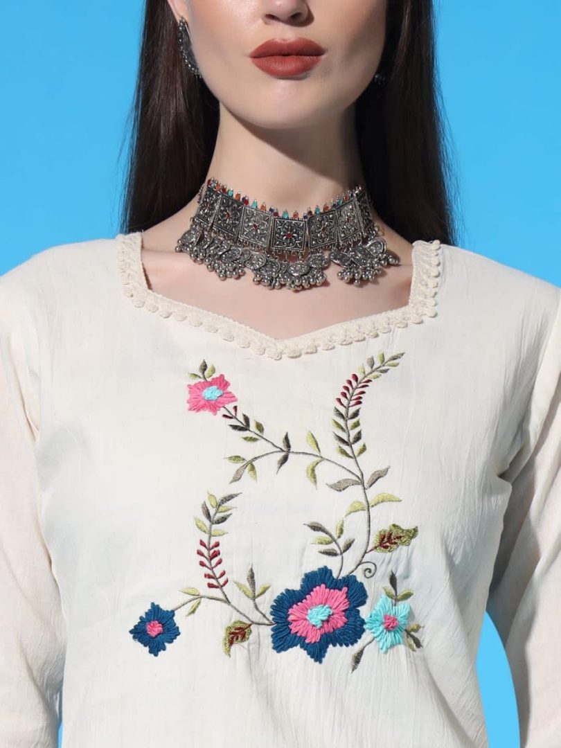 White Bloom Linen Kurti – Multi-Color Flower Embroidery - Image 2