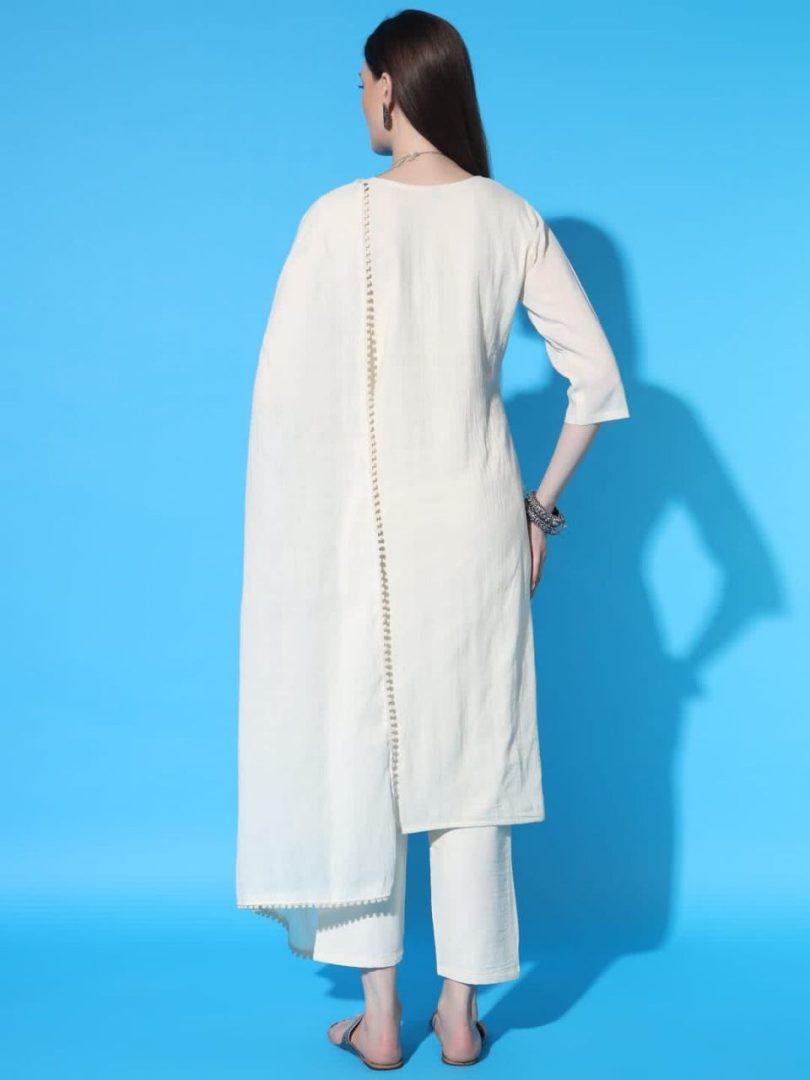 White Bloom Linen Kurti – Multi-Color Flower Embroidery - Image 3