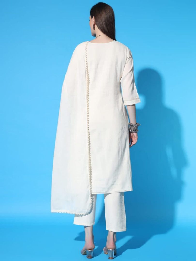 White Linen Kurti – Multi-Color Floral Embroidery Design