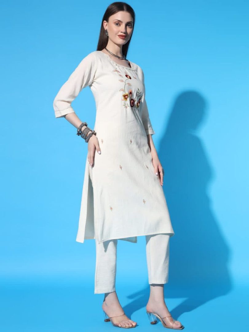 White Linen Kurti – Multi-Color Floral Embroidery Design - Image 5