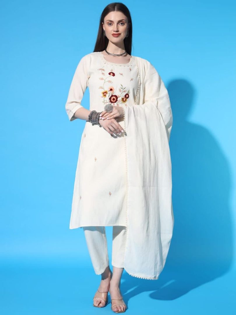 White Linen Kurti – Multi-Color Floral Embroidery Design