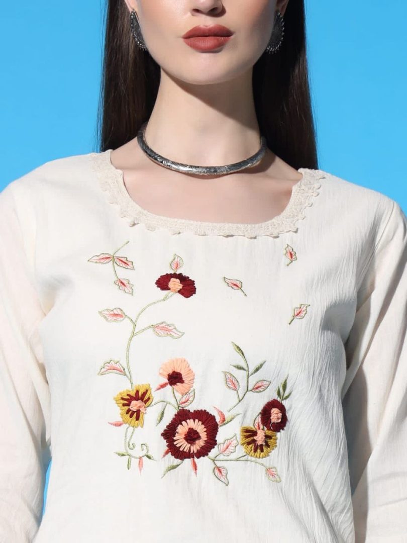 White Linen Kurti – Multi-Color Floral Embroidery Design - Image 2