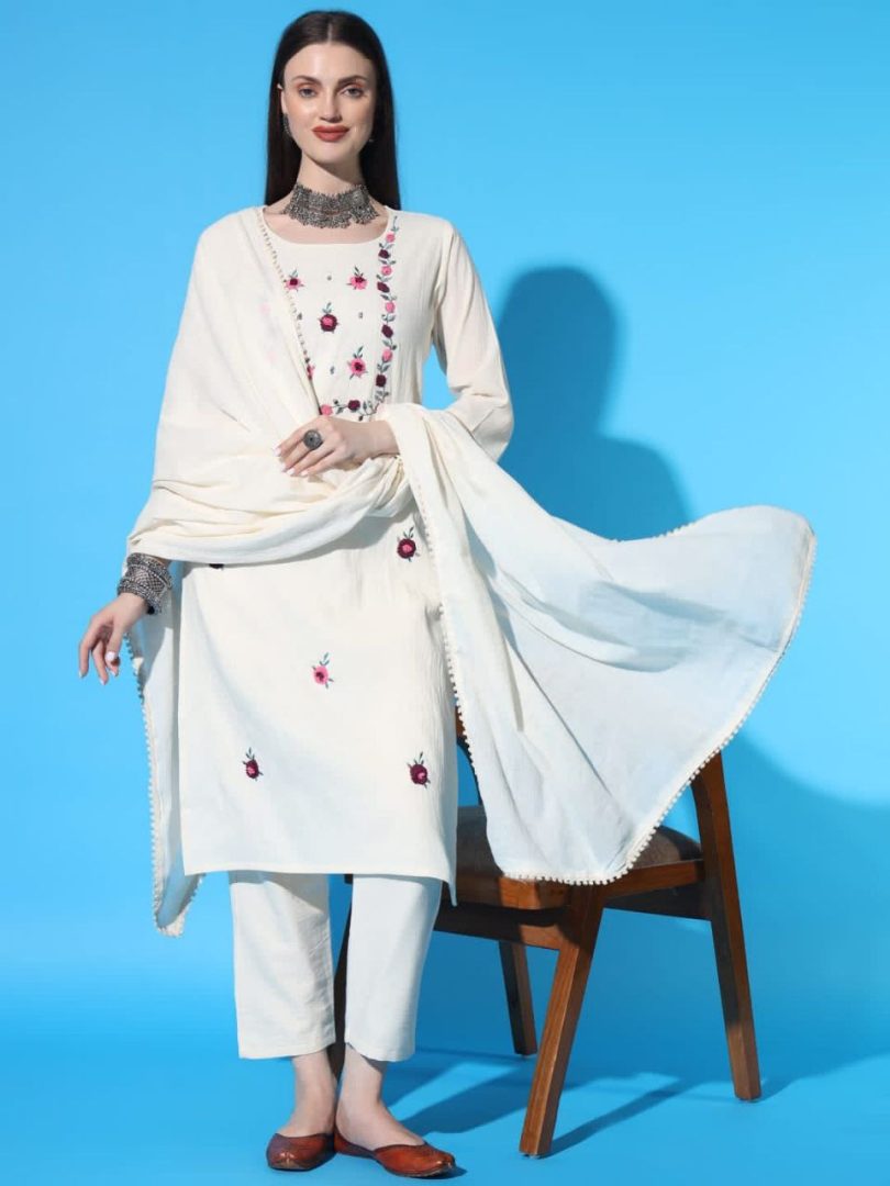 White Linen Kurti – Multi-Color Small Floral Embroidery