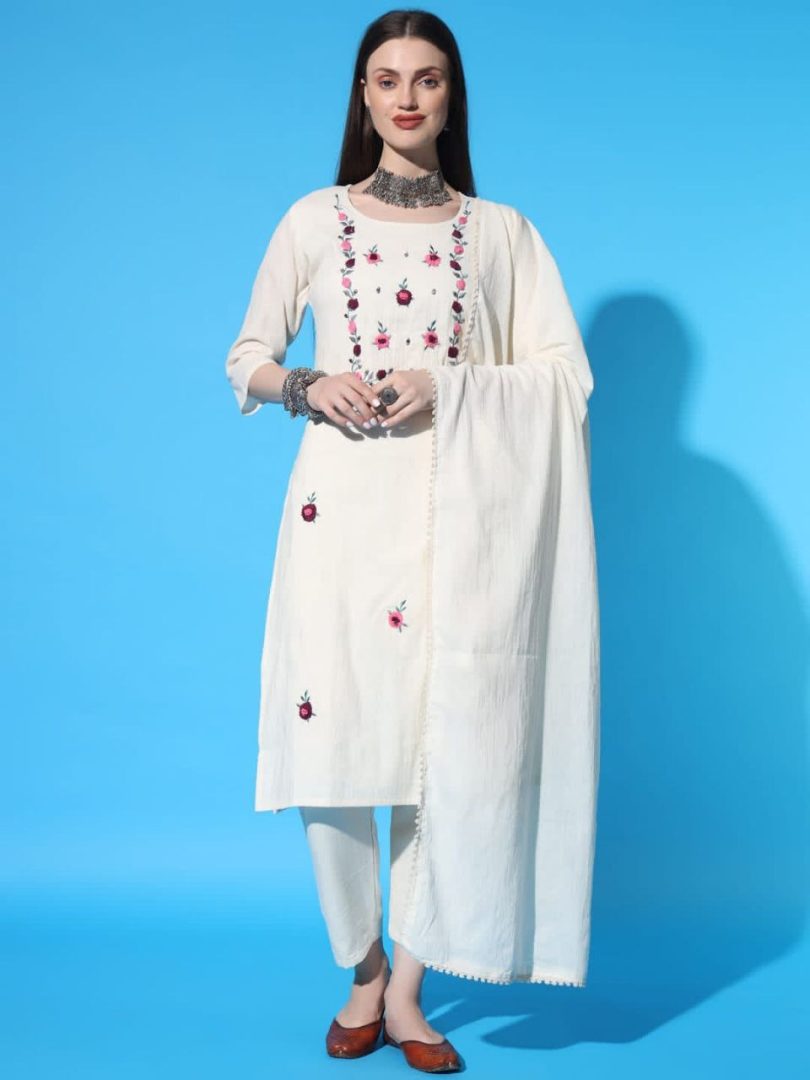 White Linen Kurti – Multi-Color Small Floral Embroidery - Image 5