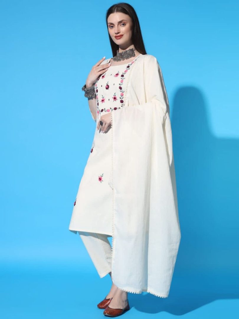 White Linen Kurti – Multi-Color Small Floral Embroidery - Image 2