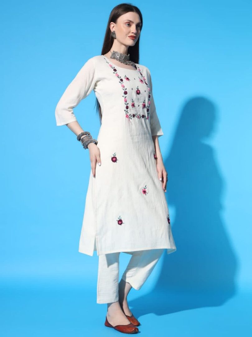 White Linen Kurti – Multi-Color Small Floral Embroidery - Image 3