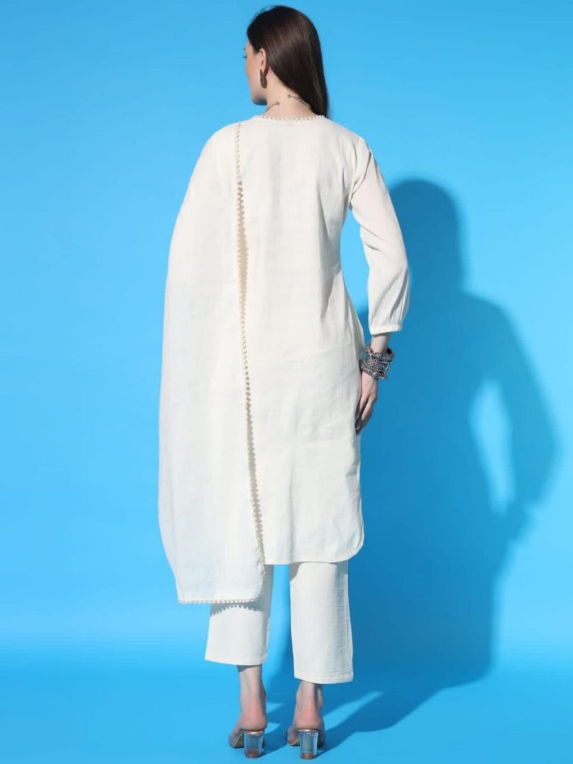 White Linen Kurti – Multi-Color Small Floral Embroidery