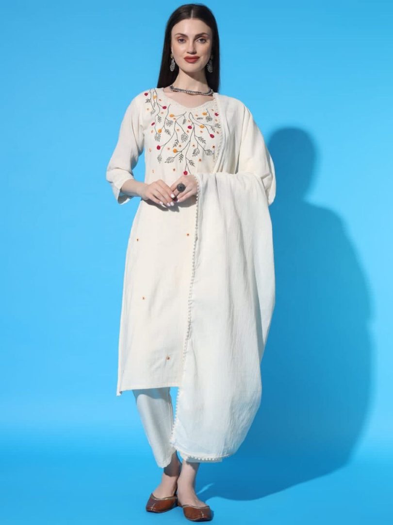 White Linen Kurti – Multi-Color Floral Root Embroidery