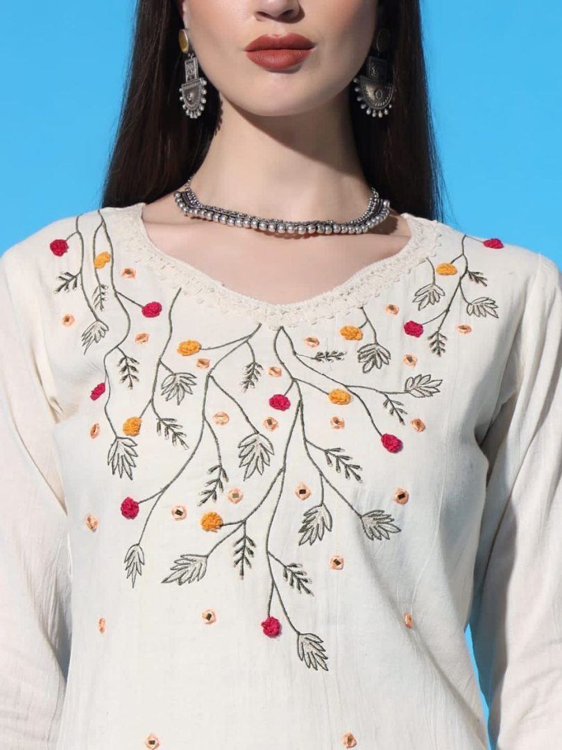 White Linen Kurti – Multi-Color Floral Root Embroidery - Image 3