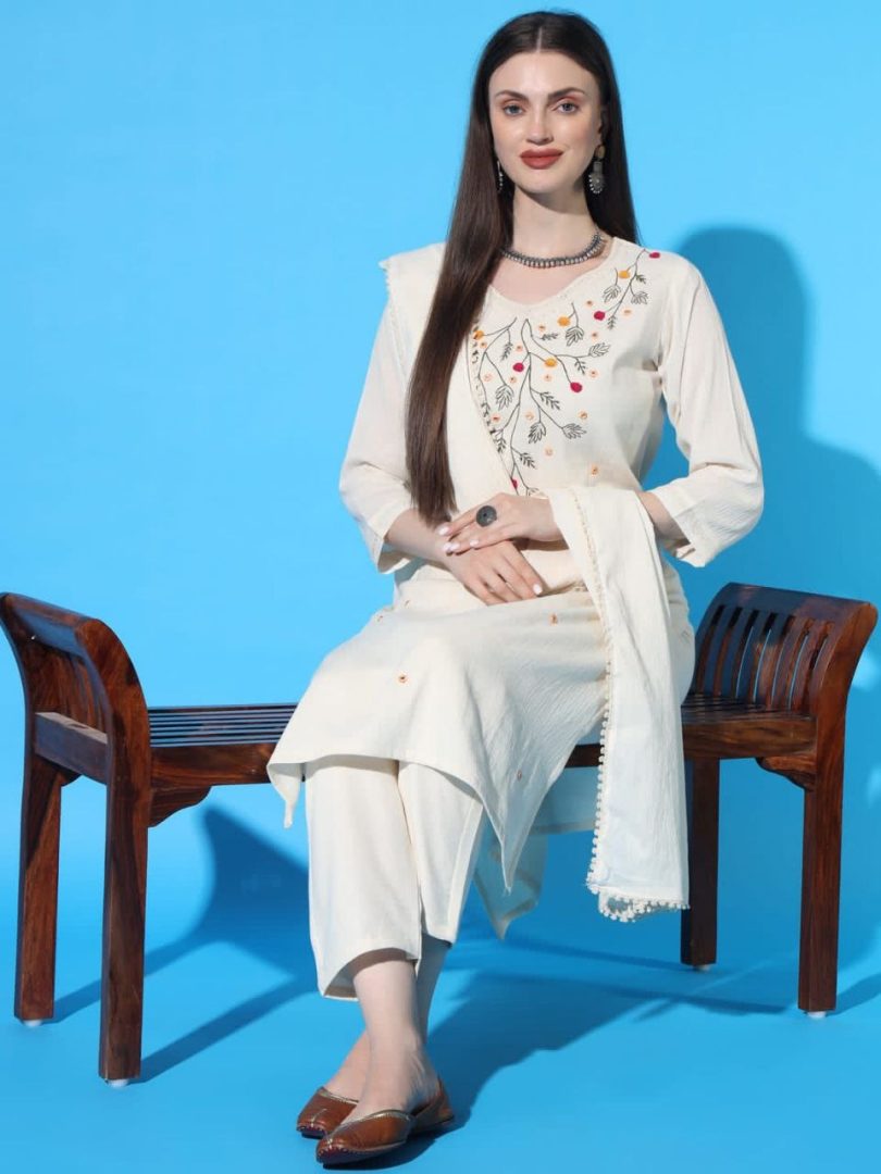 White Linen Kurti – Multi-Color Floral Root Embroidery - Image 4