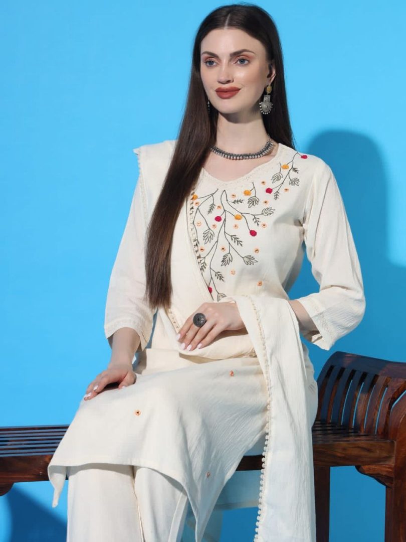 White Linen Kurti – Multi-Color Floral Root Embroidery