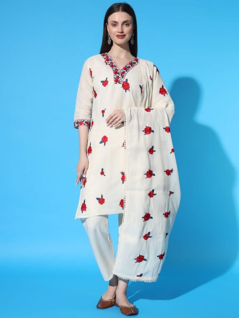 White Linen Kurti – Red Floral Embroidery