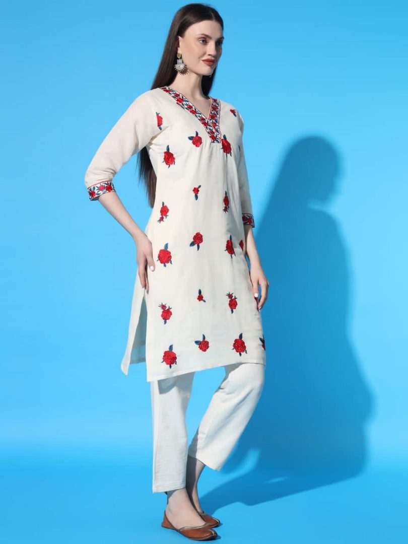 White Linen Kurti – Red Floral Embroidery - Image 2