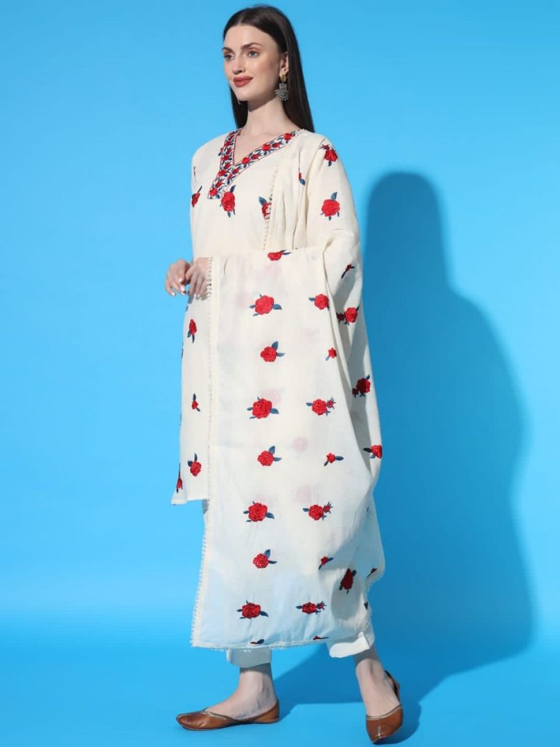 White Linen Kurti – Red Floral Embroidery - Image 3