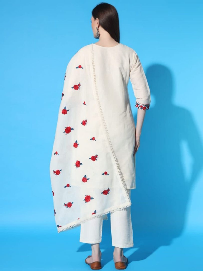 White Linen Kurti – Red Floral Embroidery - Image 4