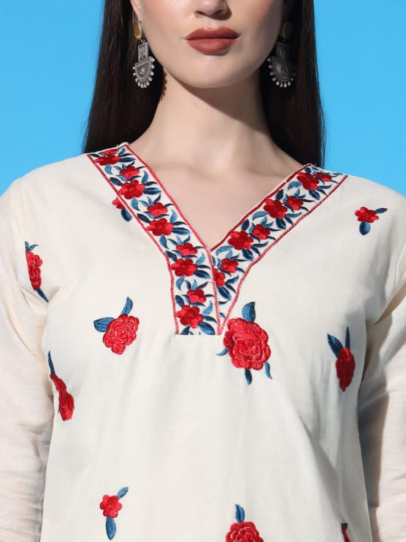 White Linen Kurti – Red Floral Embroidery - Image 5