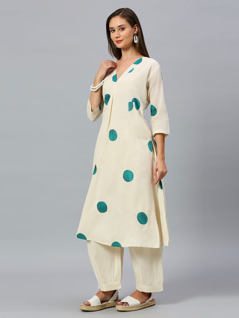 White Linen Kurti – Black Circular Embroidery - Image 9